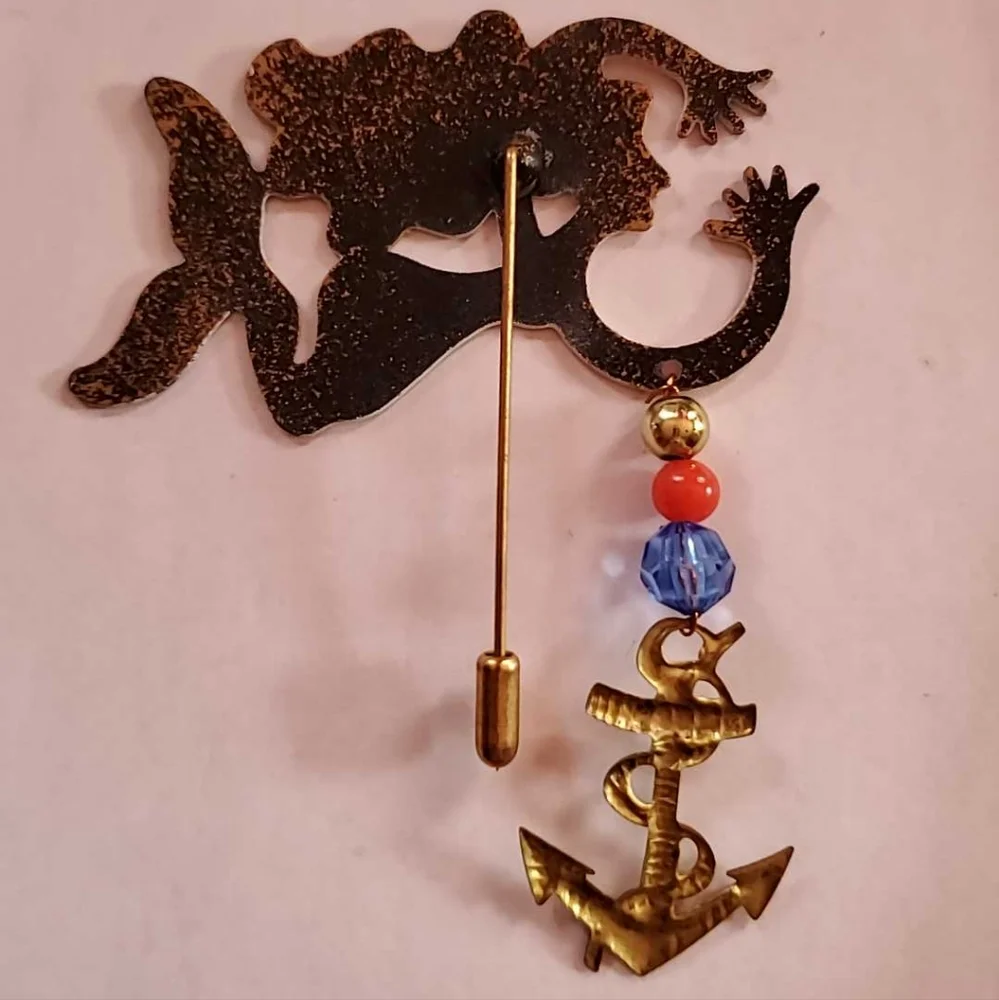 FANCIFUL FLIGHTS Nautical Mermaid Under the Sea Anchor Golden Hair Stick Pin